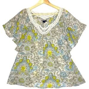 Gap Sheer Floral Blouse Women L Crochet Boho Chic Fairy Cottagecore Casual Beach